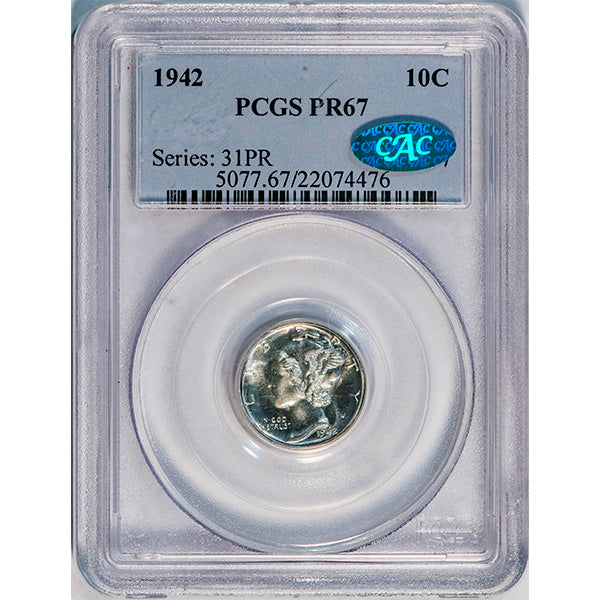 (5077) 1942 10C PCGS PR67 CAC Mercury slab