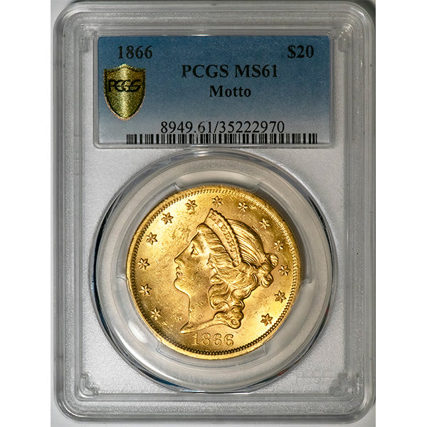 1866 $20 Motto PCGS MS61 slab