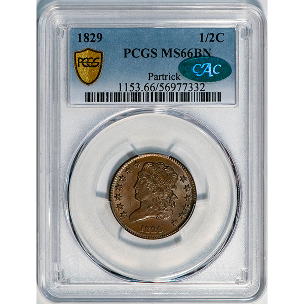 (1153) 1829 1/2C PCGS MS66BN CAC Liberty slab
