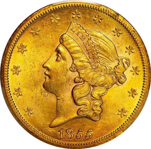 (8916) 1855-S $20 PCGS MS62 Liberty obverse