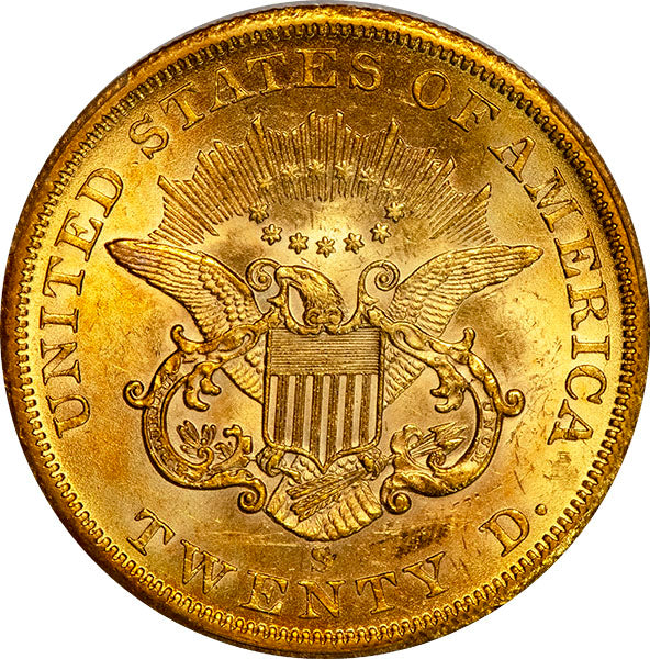 (8916) 1855-S $20 PCGS MS62 Liberty reverse