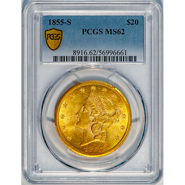 (8916) 1855-S $20 PCGS MS62 Liberty slab
