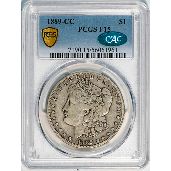(7190) 1889-CC $1 PCGS F15 CAC Morgan slab