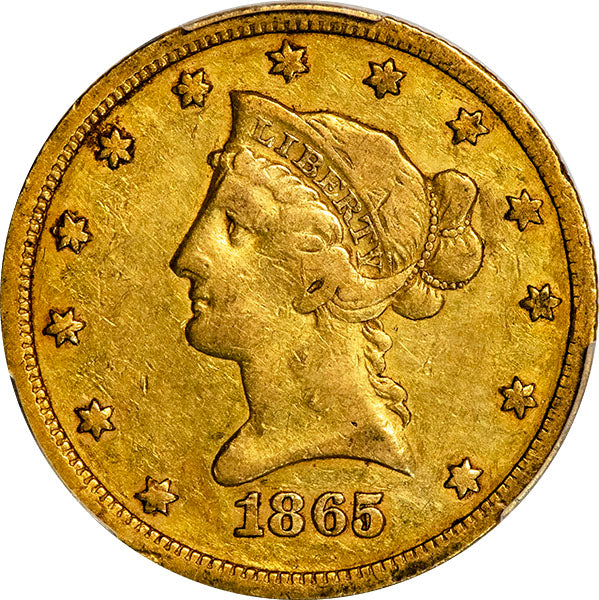 (8643) 1865-S $10 PCGS VF20 865/Inverted 186 obverse