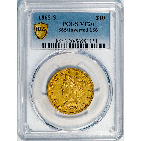 (8643) 1865-S $10 PCGS VF20 865/Inverted 186 slab