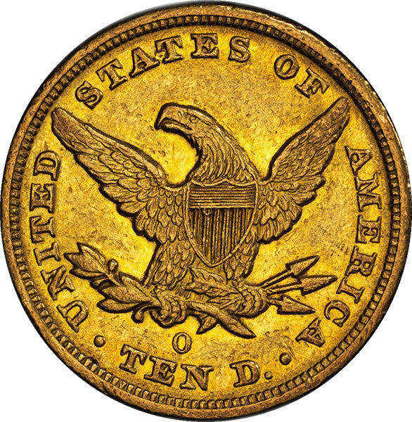 (8607) 1851-O $10 PCGS AU55 CAC Liberty reverse