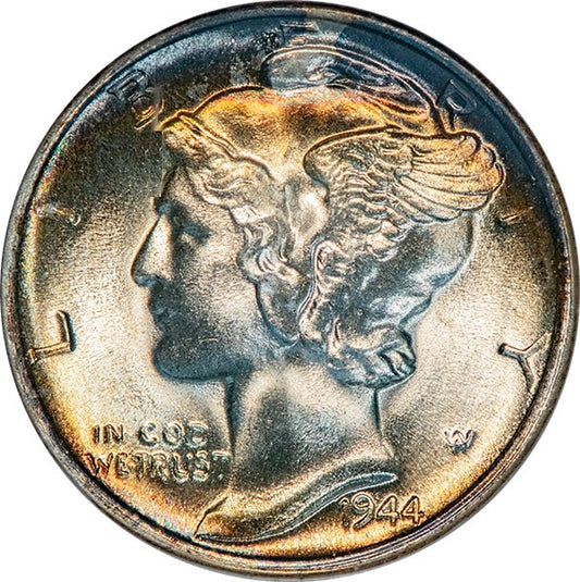 (5053) 1944-D 10C NGC MS66FB Gold CAC Mercury Dime obverse