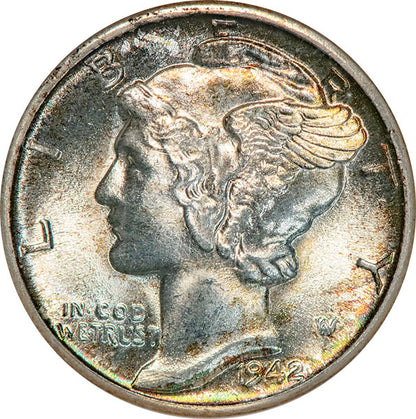 (5039) 1942-D 10C NGC MS65FB Gold CAC Mercury obverse