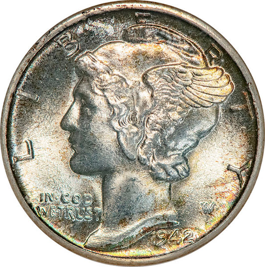 (5039) 1942-D 10C NGC MS65FB Gold CAC Mercury obverse