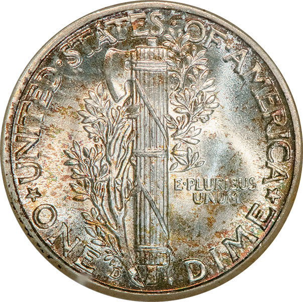 (5039) 1942-D 10C NGC MS65FB Gold CAC Mercury reverse