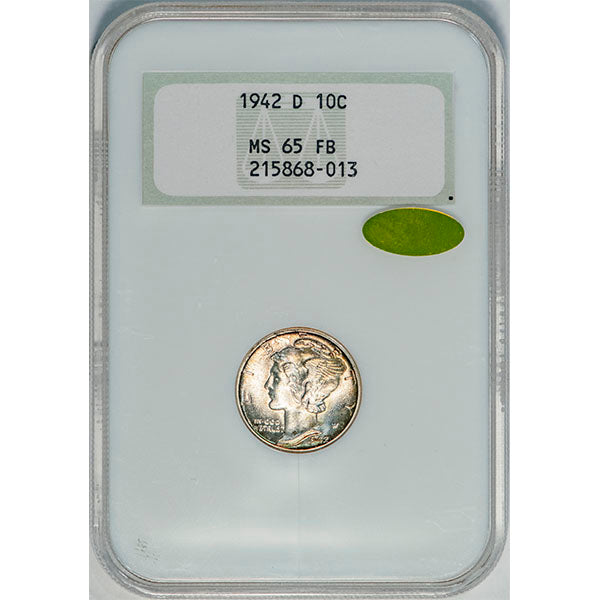 (5039) 1942-D 10C NGC MS65FB Gold CAC Mercury slab