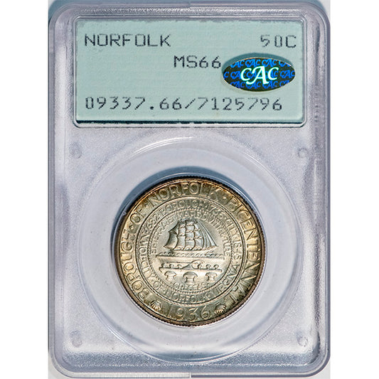 (9337) 1936 50C PCGS MS66 Gold CAC Norfolk slab