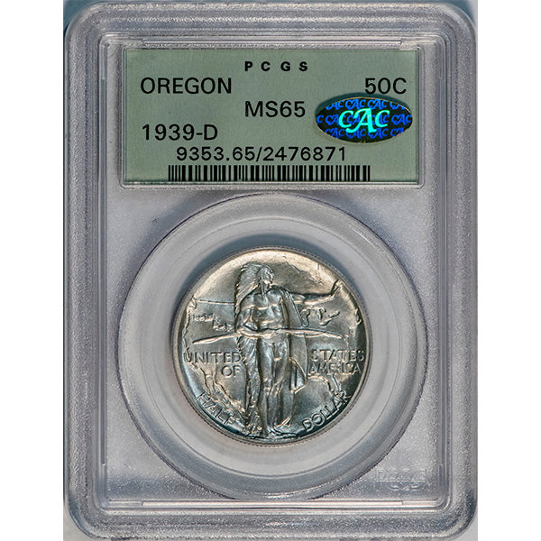 (9353) 1939-D 50C PCGS MS65 Gold CAC Oregon slab