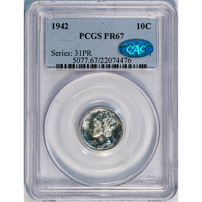(5077) 1942 10C PCGS PR67 CAC Mercury slab