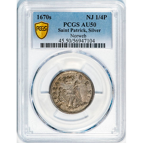 (0045) 1670s NJ 1/4P Saint Patrick PCGS AU50 *** slab