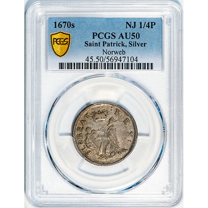 (0045) 1670s NJ 1/4P Saint Patrick PCGS AU50 *** slab