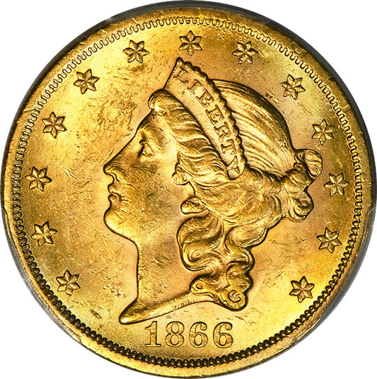1866 $20 Motto PCGS MS61 obverse