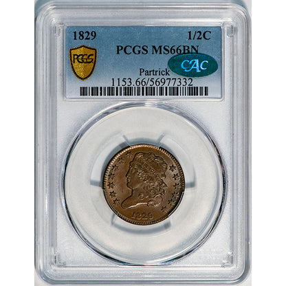 (1153) 1829 1/2C PCGS MS66BN CAC Liberty slab
