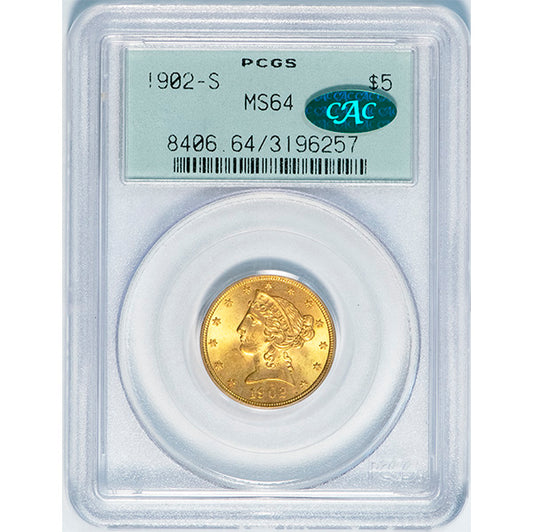1902-S $5 PCGS MS64 CAC Old Holder slab