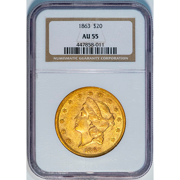 1863 $20 NGC AU55 slab