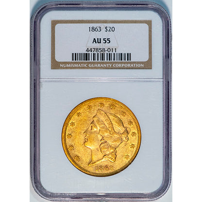 1863 $20 NGC AU55 slab