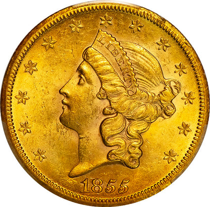 (8916) 1855-S $20 PCGS MS62 Liberty obverse