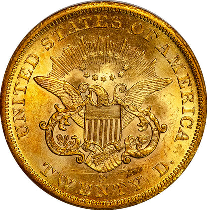 (8916) 1855-S $20 PCGS MS62 Liberty reverse