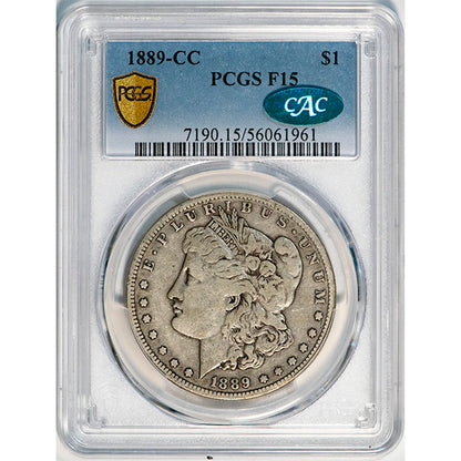 (7190) 1889-CC $1 PCGS F15 CAC Morgan slab