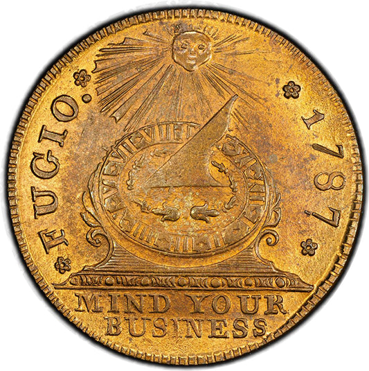 (919) 1787 Fugio 1C N-104-FF Brass New Haven Restrike PCGS MS65