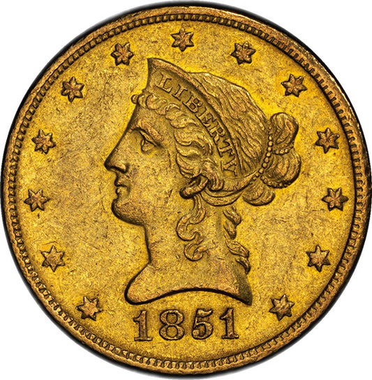 (8607) 1851-O $10 PCGS AU55 CAC Liberty obverse