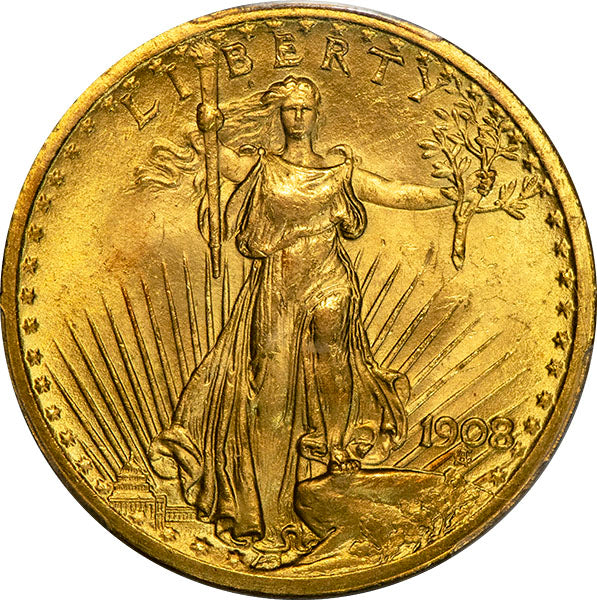 (9142) 1908 $20 PCGS MS64 No Motto Saint obverse