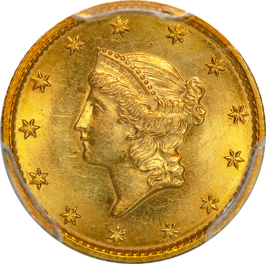 (7501) 1849 G$1 PCGS MS64 No L Gold Dollar obverse