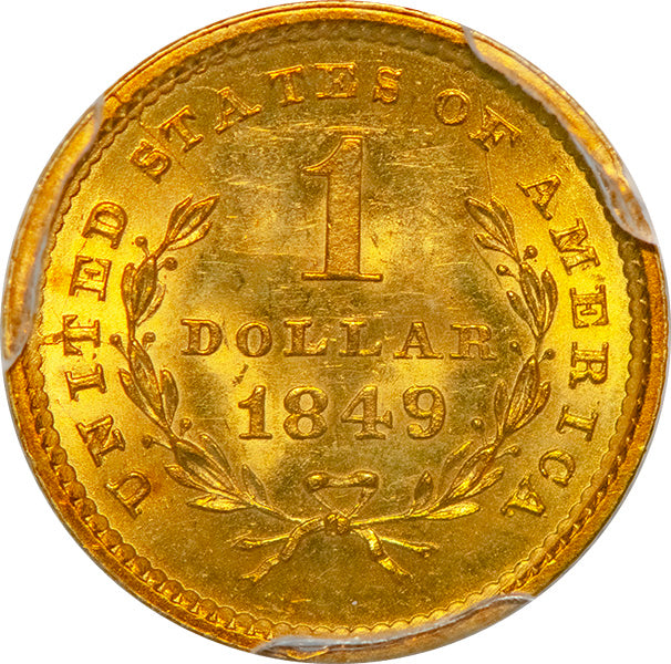 (7501) 1849 G$1 PCGS MS64 No L Gold Dollar reverse