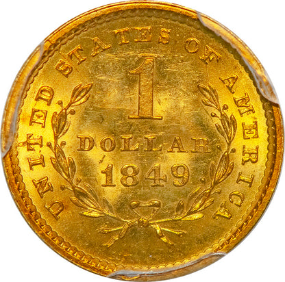 (7501) 1849 G$1 PCGS MS64 No L Gold Dollar reverse