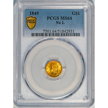 (7501) 1849 G$1 PCGS MS64 No L Gold Dollar slab