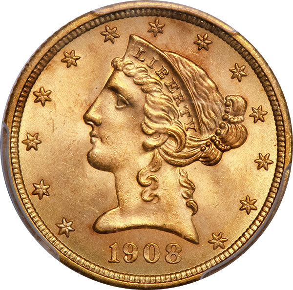(8418) 1908 $5 PCGS MS64 Liberty CAC